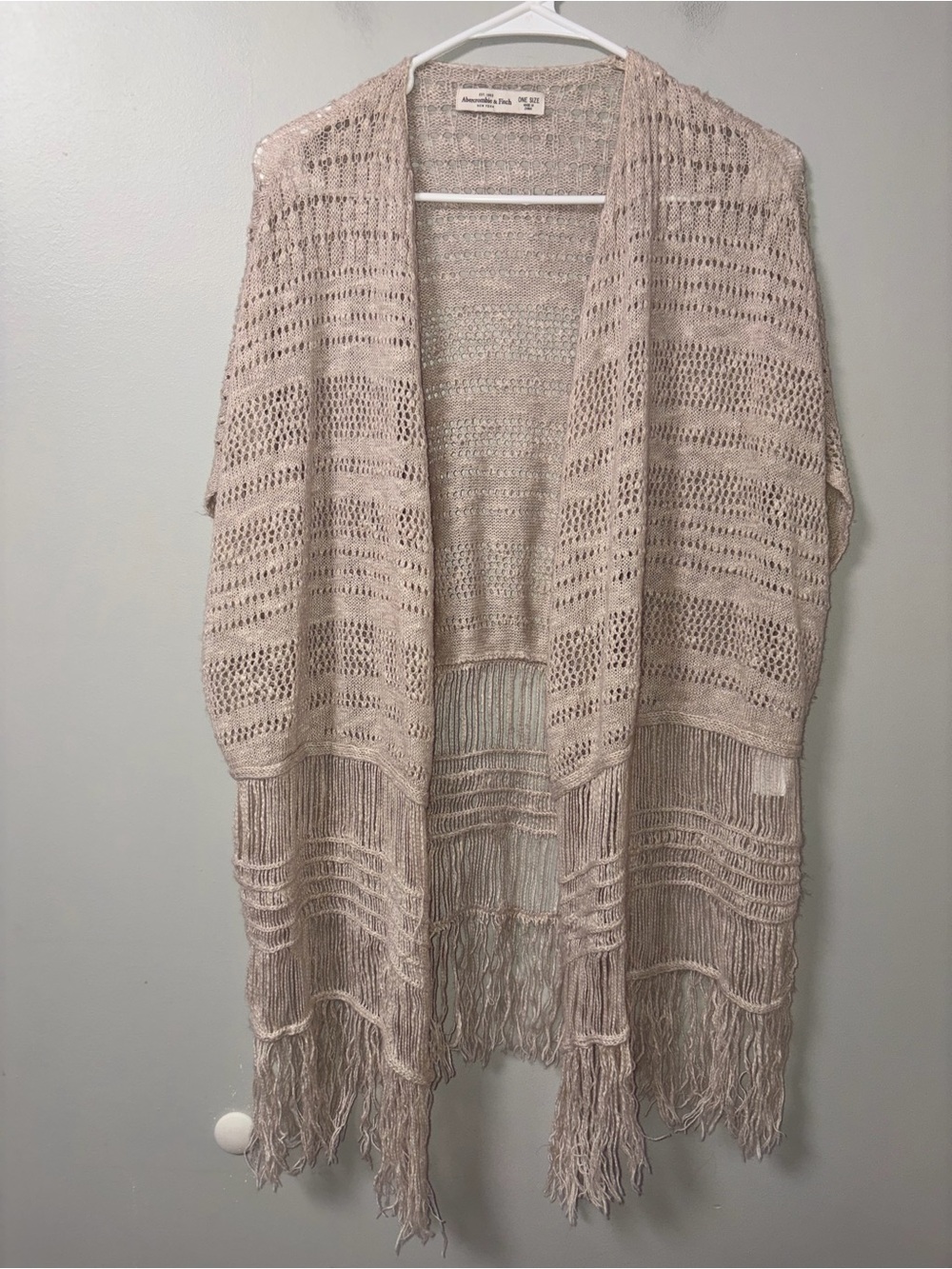 Abercrombie & Fitch Beige Boho Open Knit Fringe Short Sleeve Cardigan OS